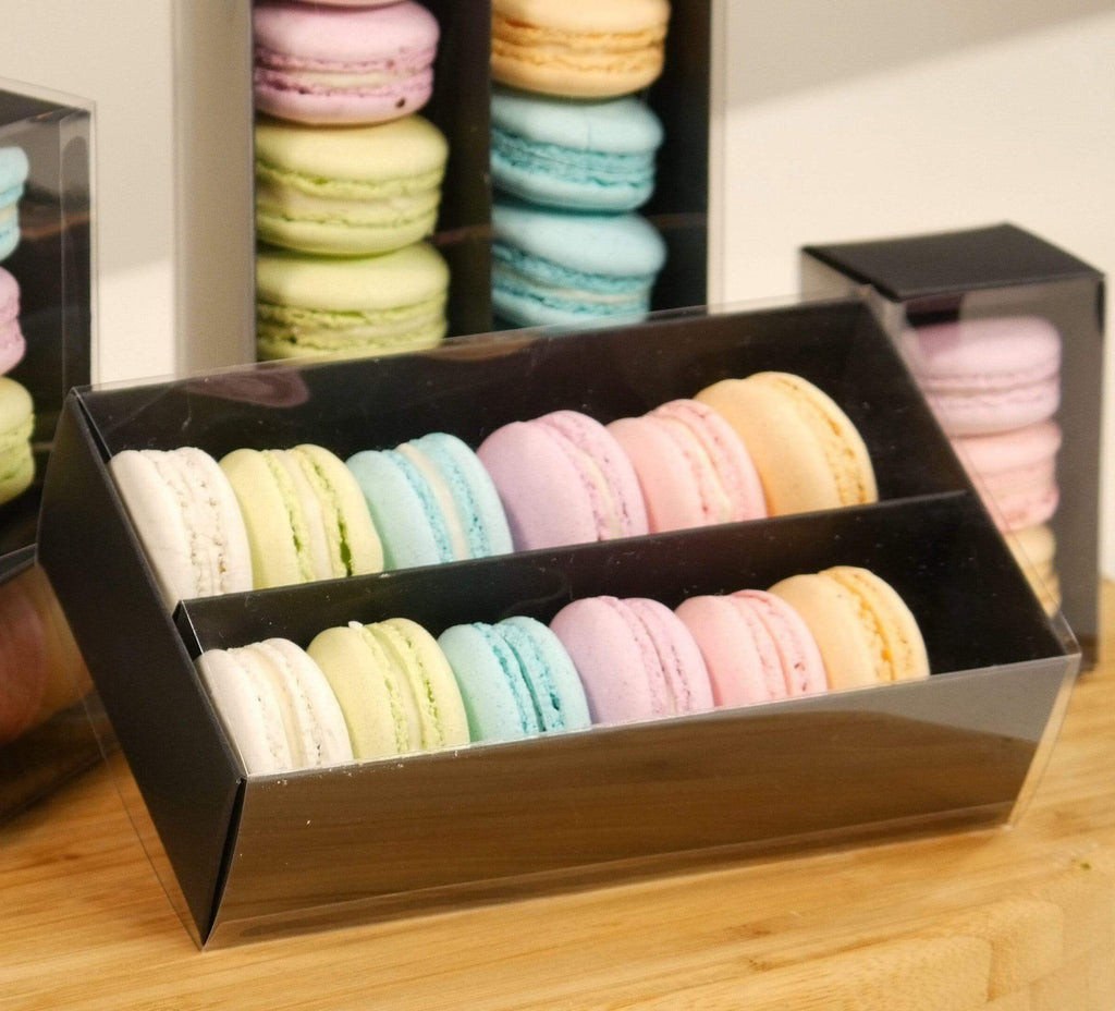 BOXXD™ MacaronBoxes 12 Macaron Dessert Box with Clear Slide Cover - Black Designer Range