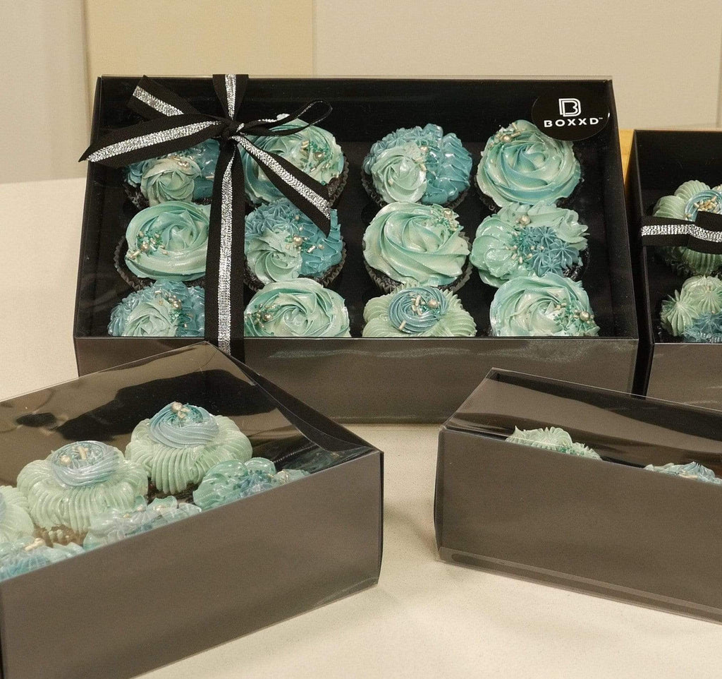 BOXXD™ CupcakeBoxes 12 Regular Cupcake Boxes with Clear Slide Cover - Black Designer Range